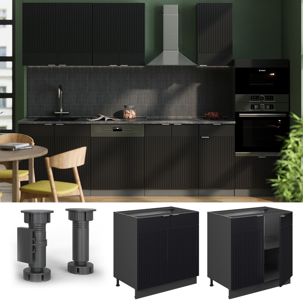 Vicco Unterschrank Fame-Line Anthrazit Schwarz gestreift 80 cm mit Arbeitsplatte Eiche 