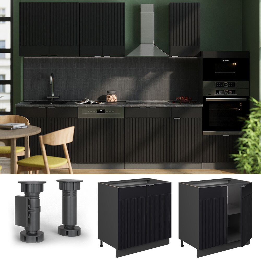 Vicco Unterschrank Fame-Line Anthrazit Schwarz gestreift 80 cm mit Arbeitsplatte Marmor-Wei&szlig; 