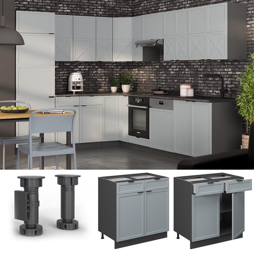 Vicco Schubunterschrank Fame-Line Anthrazit Hellblau-Grau gerahmt 80 cm mit Arbeitsplatte Marmor-Wei&szlig; 