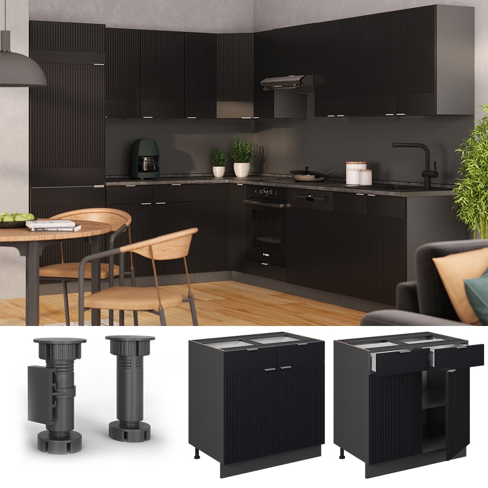 Vicco Schubunterschrank Fame-Line Anthrazit Schwarz gestreift 80 cm mit Arbeitsplatte Marmor-Wei&szlig; 