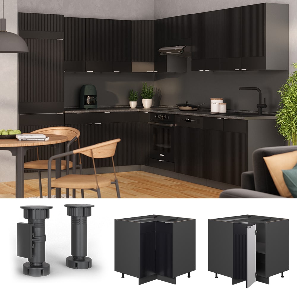 Vicco Eckunterschrank Fame-Line Anthrazit Schwarz gestreift 87 cm mit Arbeitsplatte Anthrazit 