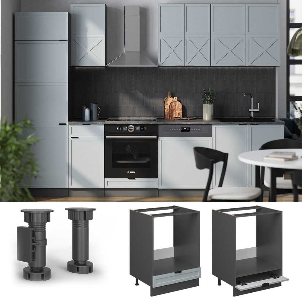 Vicco Herdumbauschrank Fame-Line Anthrazit Hellblau-Grau gerahmt 60 cm mit Arbeitsplatte Eiche 