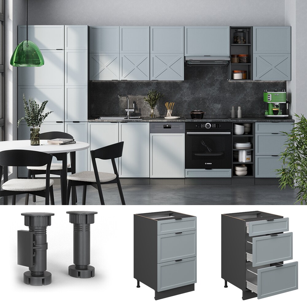 Vicco Schubladenunterschrank Fame-Line Anthrazit Hellblau-Grau gerahmt 50 cm mit Arbeitsplatte Anthrazit 