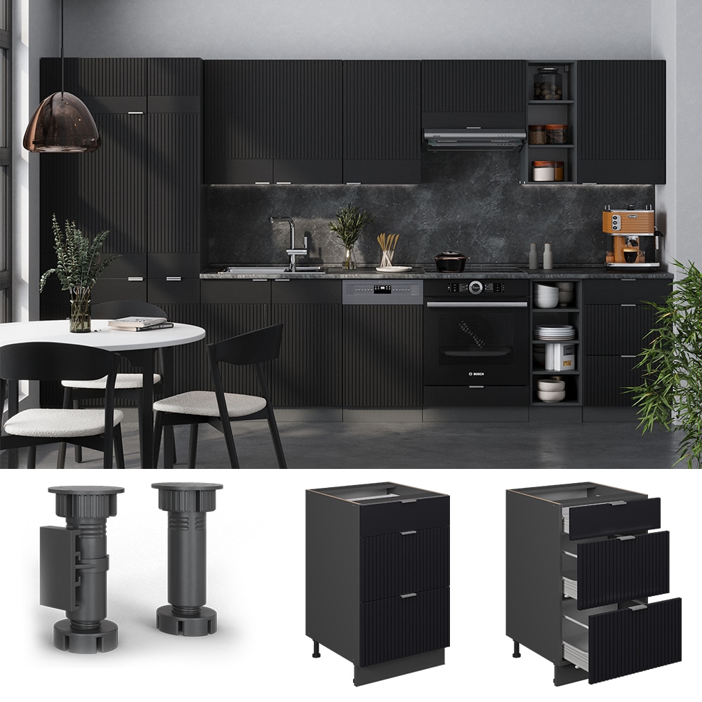 Vicco Schubladenunterschrank Fame-Line Anthrazit Schwarz gestreift 50 cm mit Arbeitsplatte Marmor-Wei&szlig; 