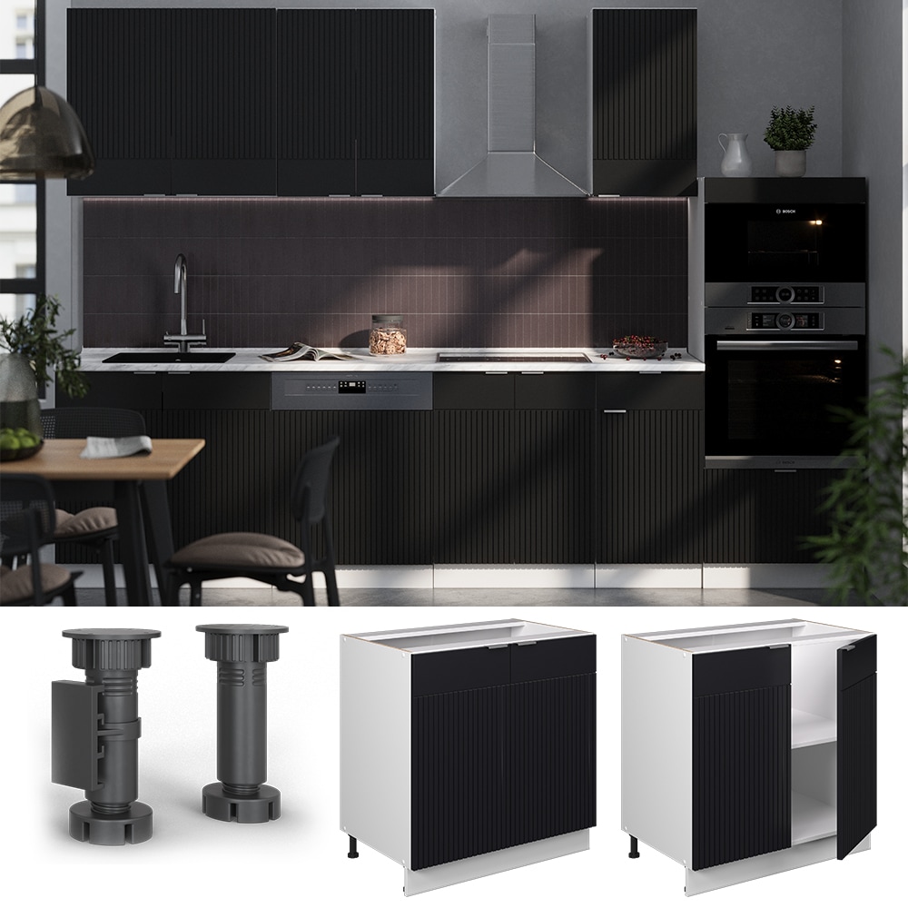 Vicco Unterschrank Fame-Line Wei&szlig; Schwarz gestreift 80 cm mit Arbeitsplatte Marmor-Wei&szlig; 