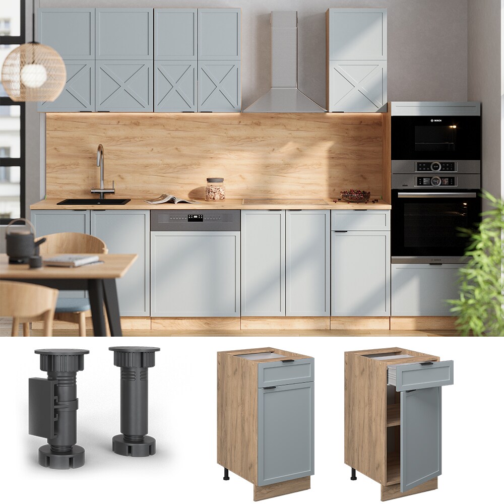 Vicco Schubunterschrank Fame-Line Eiche Hellblau-Grau gerahmt 40 cm mit Arbeitsplatte Marmor-Wei&szlig; 