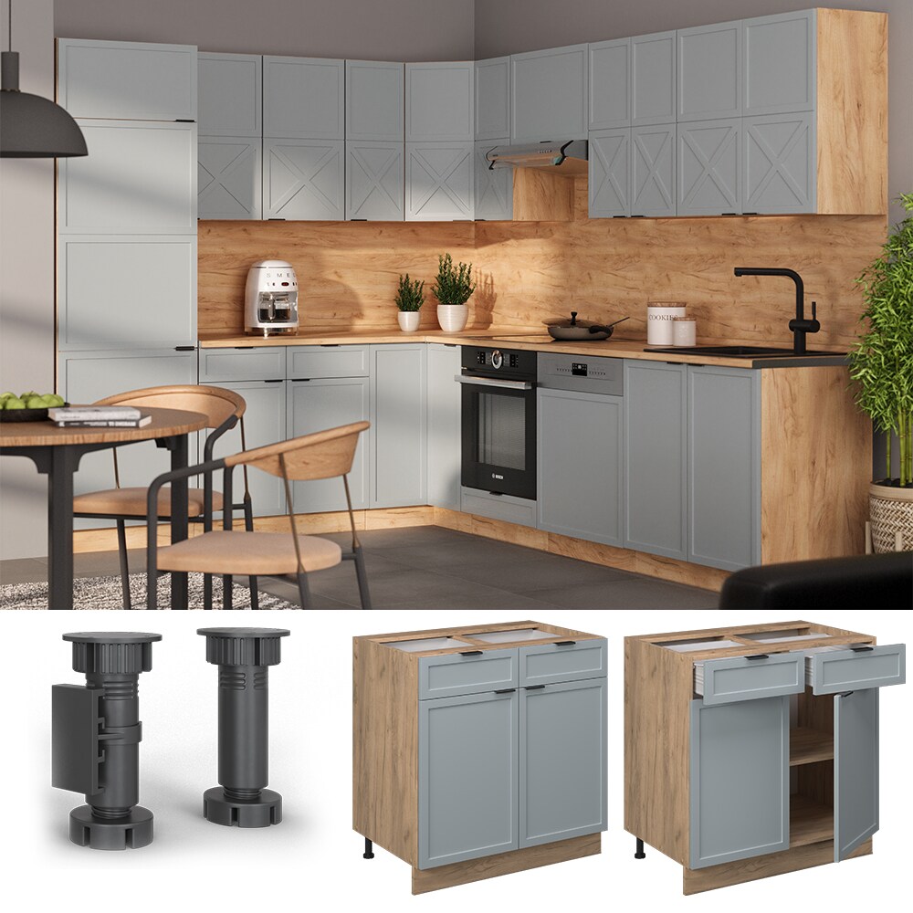 Vicco Schubunterschrank Fame-Line Eiche Hellblau-Grau gerahmt 80 cm mit Arbeitsplatte Anthrazit 