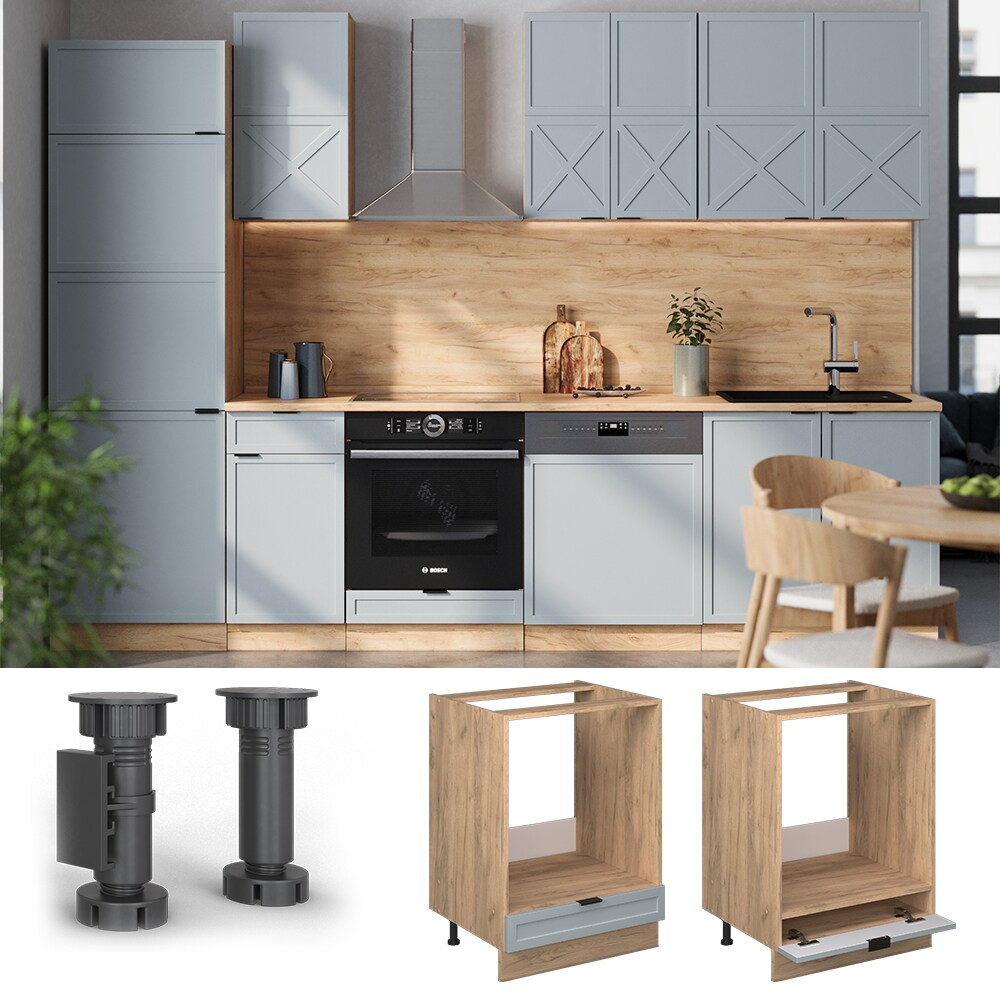 Vicco Herdumbauschrank Fame-Line Eiche Hellblau-Grau gerahmt 60 cm mit Arbeitsplatte Anthrazit 