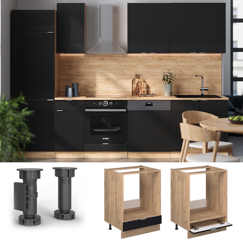 Vicco Herdumbauschrank Fame-Line Eiche Schwarz gestreift 60 cm mit Arbeitsplatte Eiche 