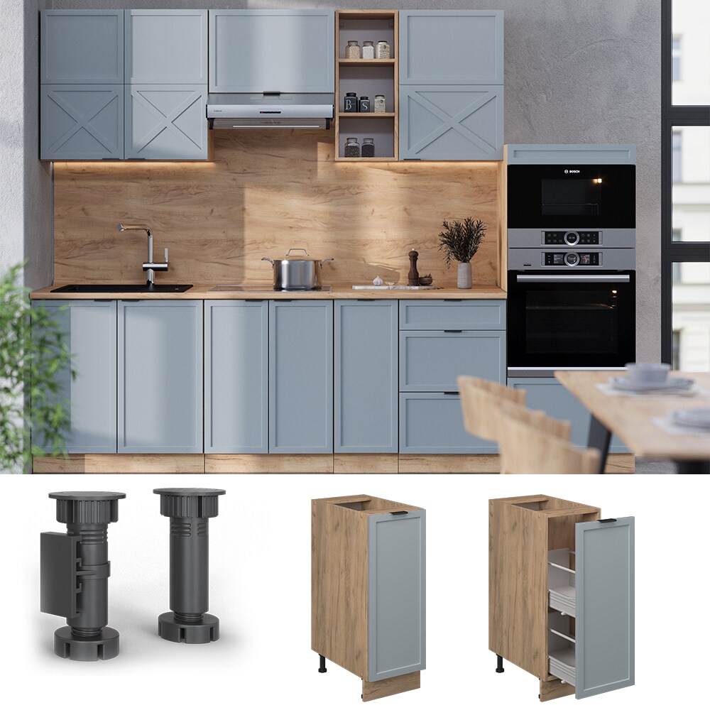 Vicco Apothekerunterschrank Fame-Line Eiche Hellblau-Grau gerahmt 30 cm mit Arbeitsplatte Eiche 