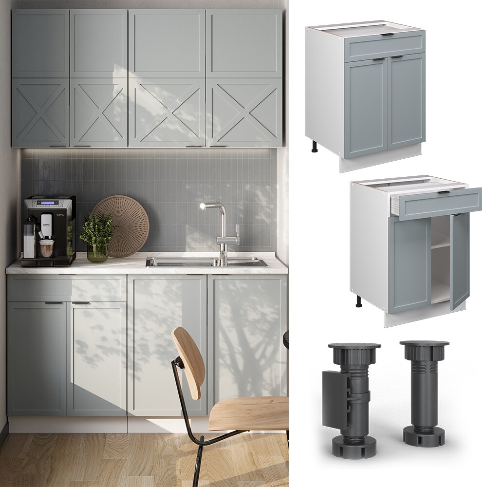 Vicco Schubunterschrank Fame-Line Wei&szlig; Hellblau-Grau gerahmt 60 cm mit Arbeitsplatte Marmor-Wei&szlig; 