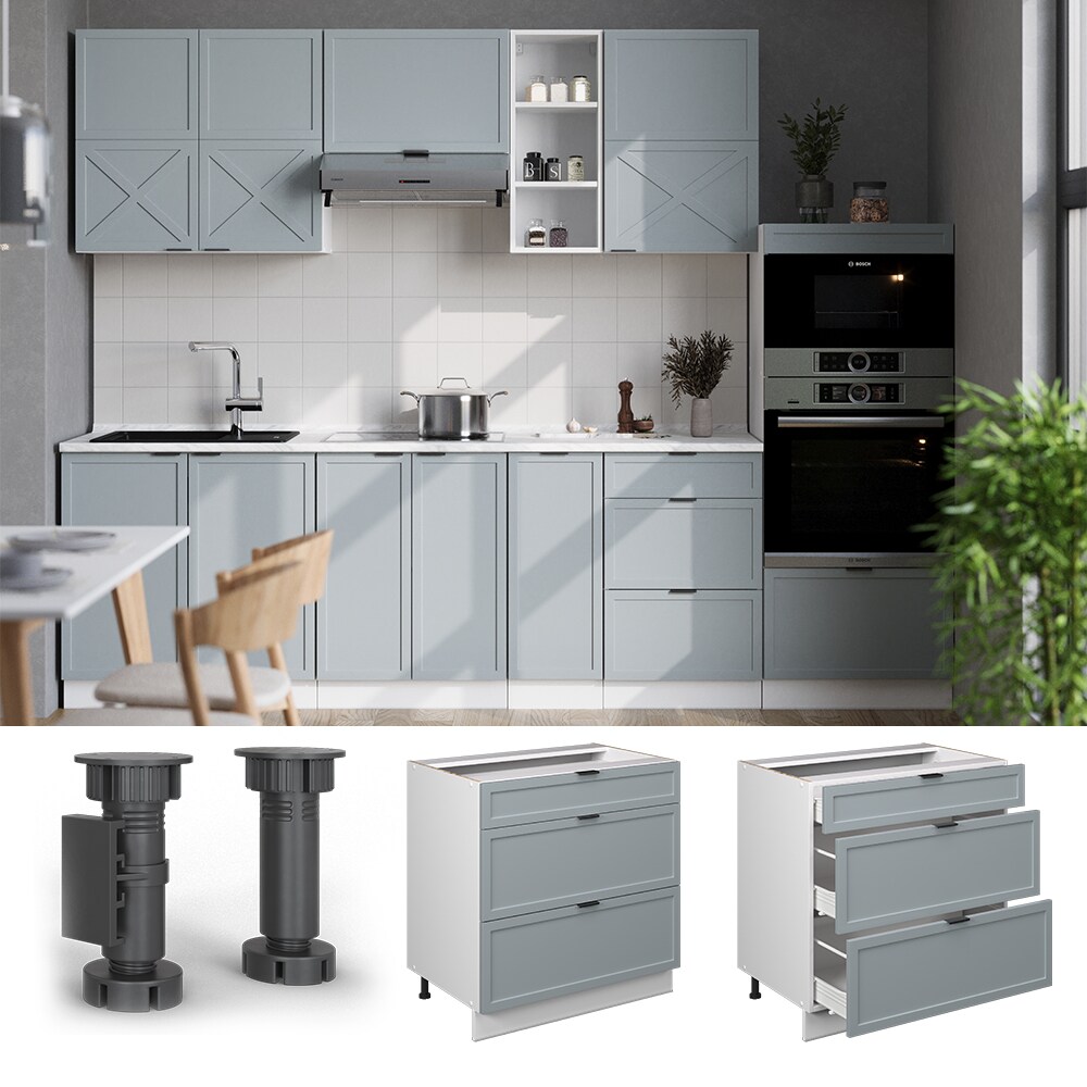 Vicco Schubladenunterschrank Fame-Line Wei&szlig; Hellblau-Grau gerahmt 80 cm mit Arbeitsplatte Eiche 