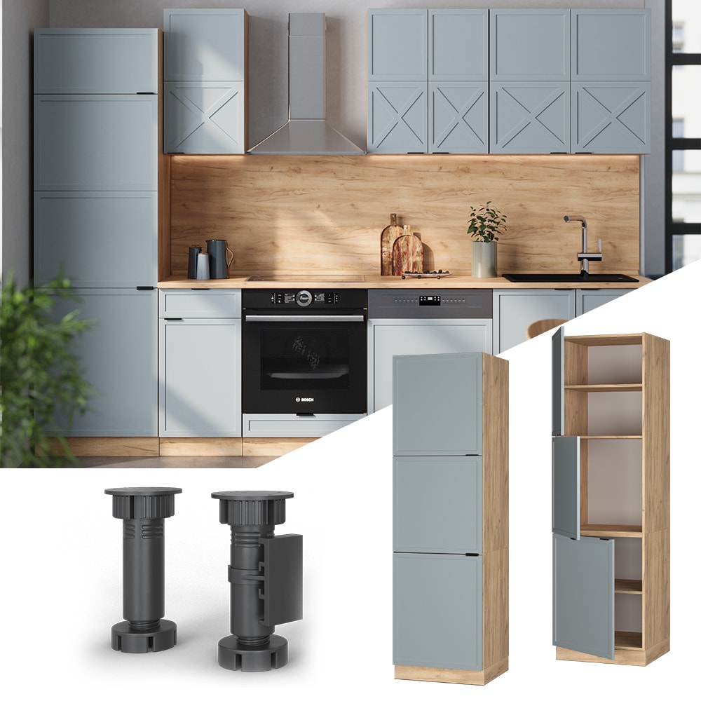 Vicco Vorratsschrank Fame-Line Eiche Hellblau-Grau gerahmt 60 cm 3 T&uuml;ren 