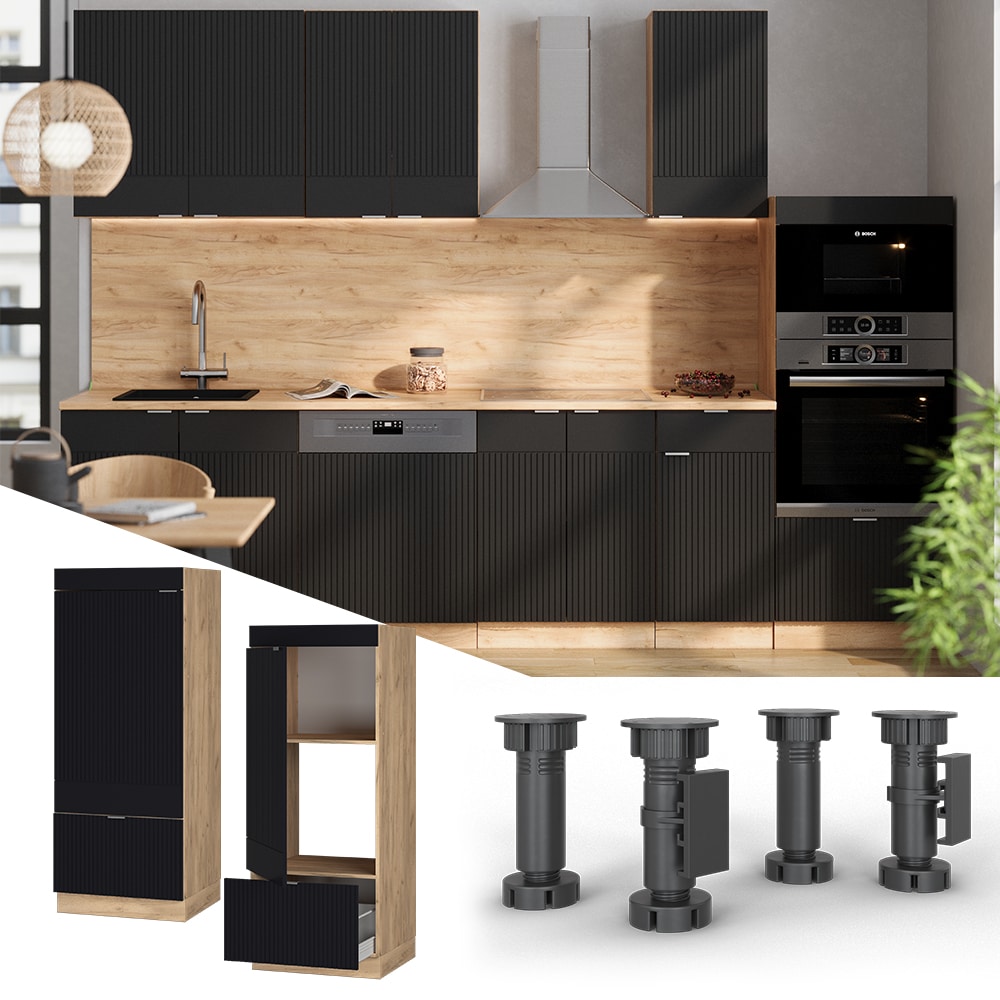 Vicco Mikrowellenschrank Fame-Line Eiche Schwarz gestreift 60 cm mit Schublade & T&uuml;r 