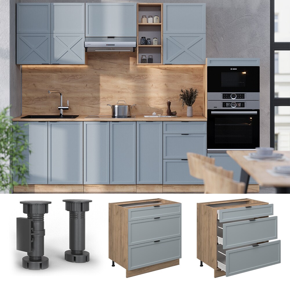 Vicco Schubladenunterschrank Fame-Line Eiche Hellblau-Grau gerahmt 80 cm mit Arbeitsplatte Marmor-Wei&szlig; 