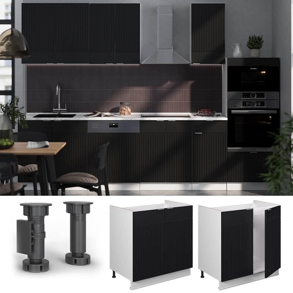 Vicco Sp&uuml;lenunterschrank Fame-Line Wei&szlig; Schwarz gestreift 80 cm mit Arbeitsplatte Marmor-Wei&szlig; 
