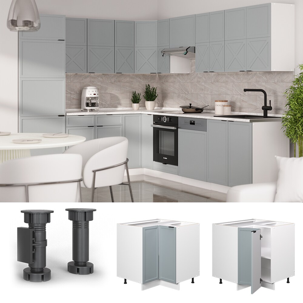 Vicco Eckunterschrank Fame-Line Wei&szlig; Hellblau-Grau gerahmt 87 cm mit Arbeitsplatte Eiche 