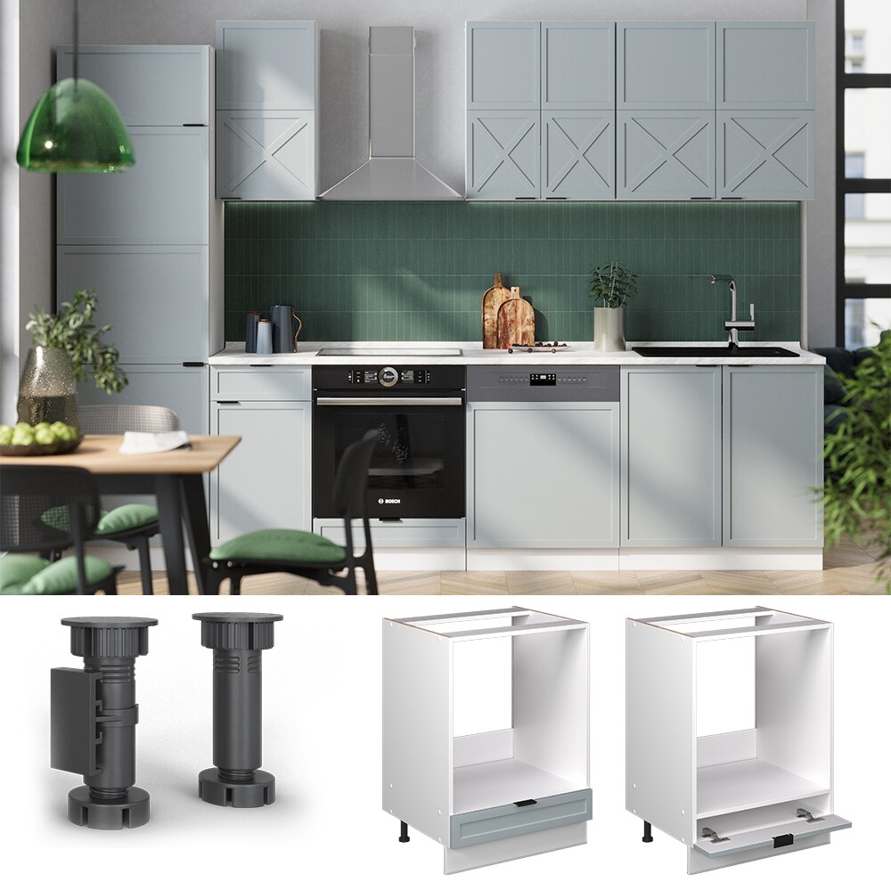 Vicco Herdumbauschrank Fame-Line Wei&szlig; Hellblau-Grau gerahmt 60 cm mit Arbeitsplatte Eiche 