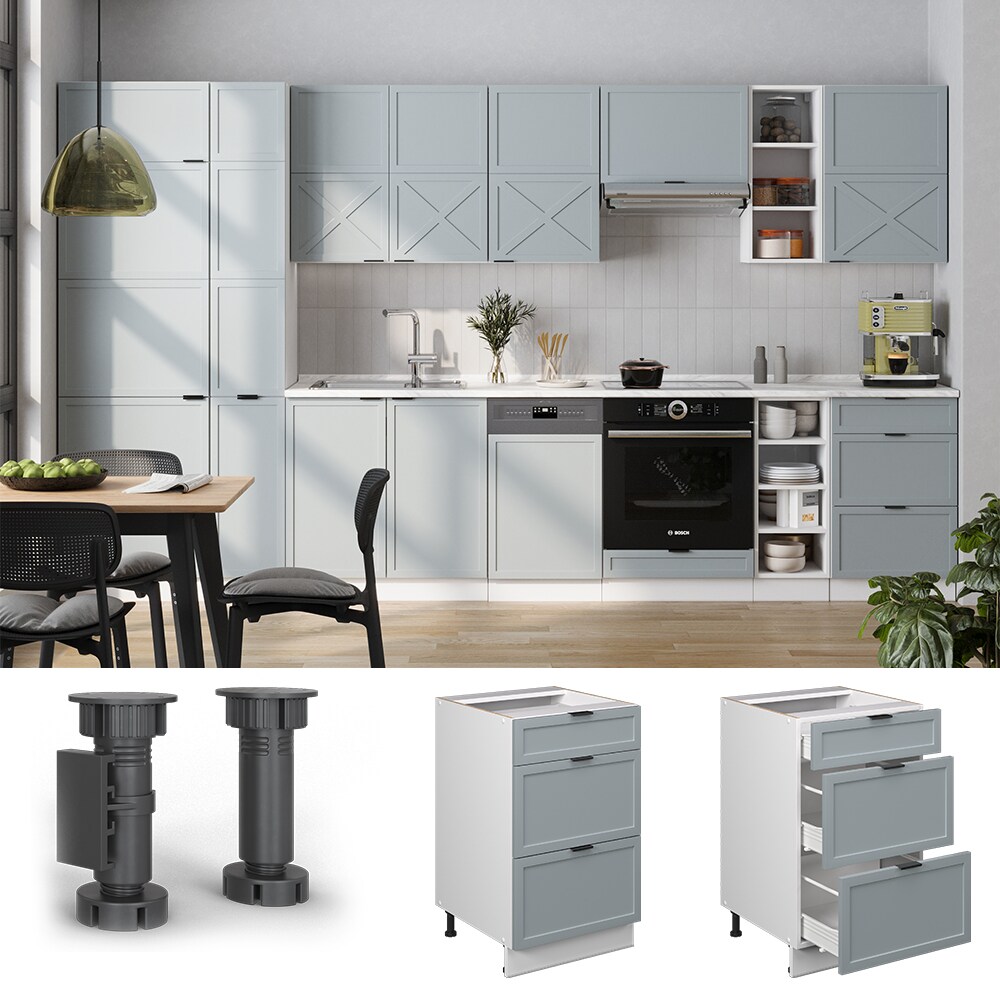 Vicco Schubladenunterschrank Fame-Line Wei&szlig; Hellblau-Grau gerahmt 50 cm mit Arbeitsplatte Eiche 