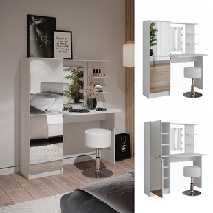 Vicco Schminktisch Jasmin Weiß 123 cm mit LED-Beleuchtung und Hocker 