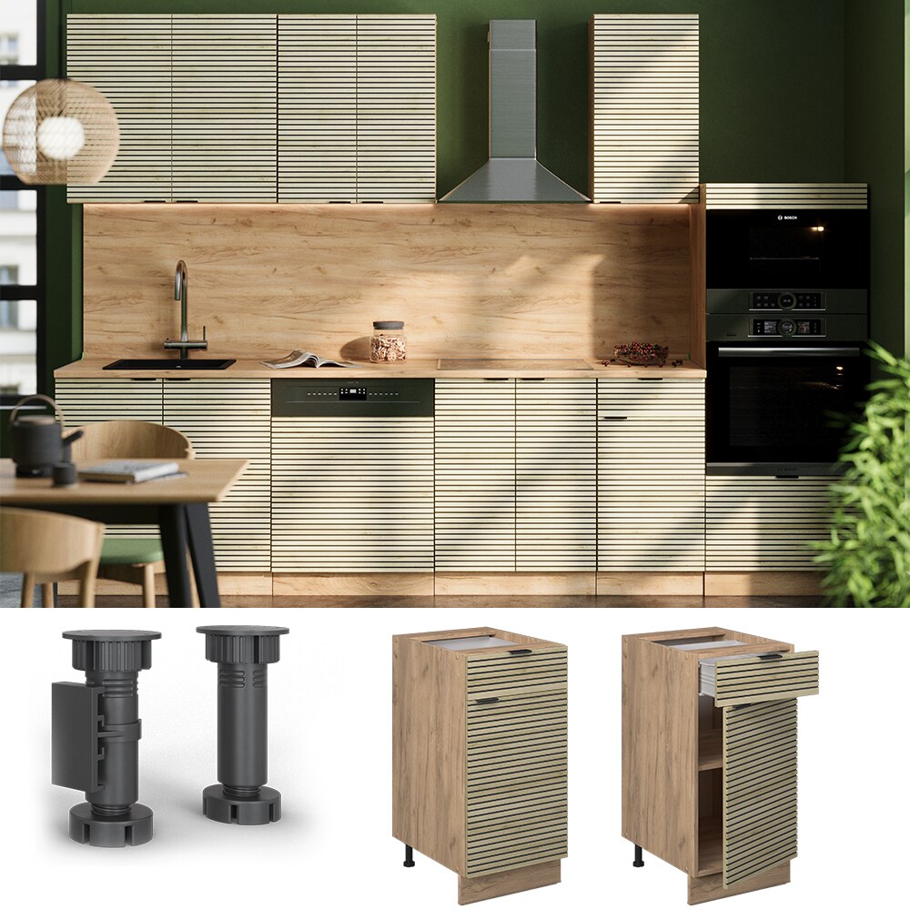 Vicco Schubunterschrank Fame-Line Eiche gefr&auml;st 40 cm mit Arbeitsplatte Marmor-Wei&szlig; 