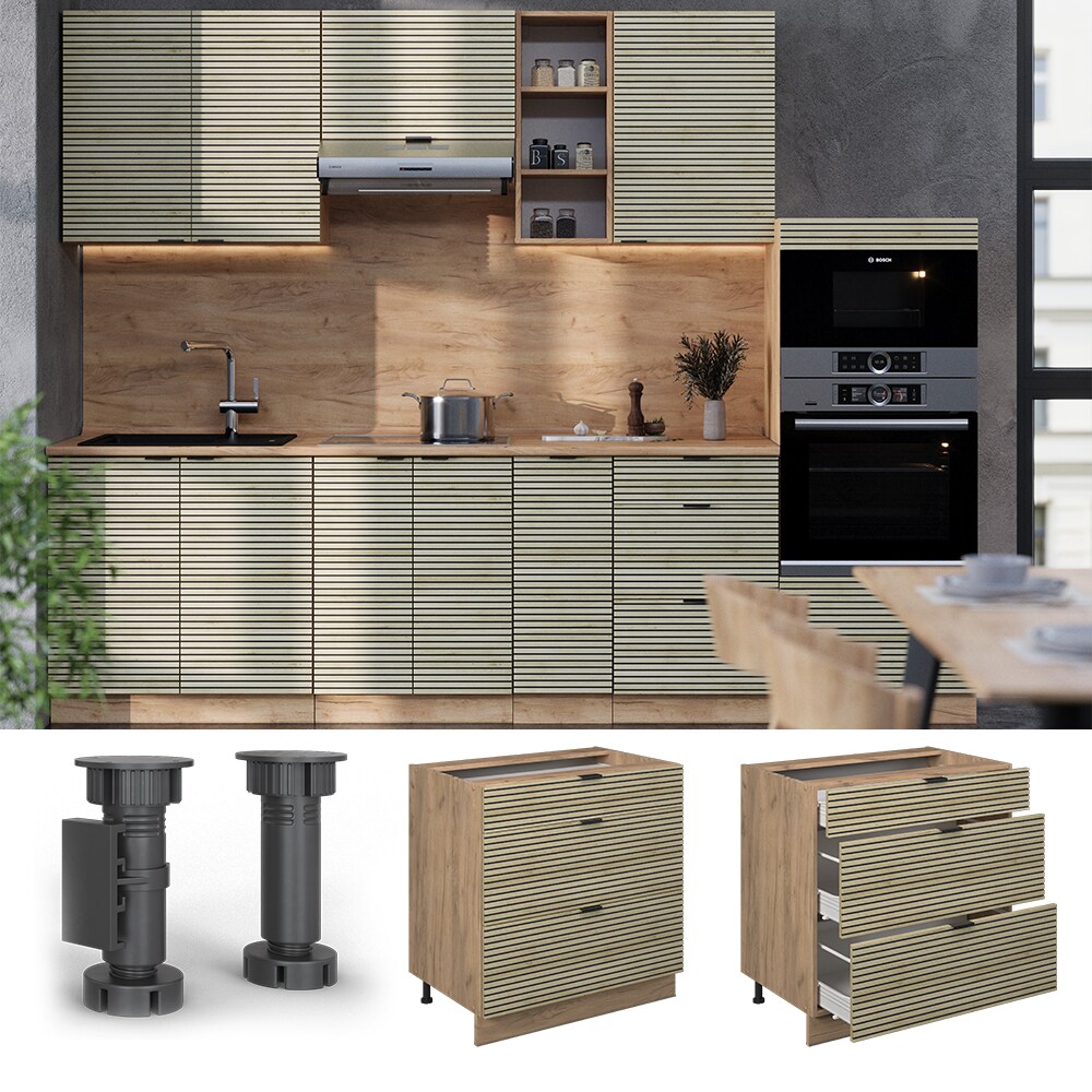 Vicco Schubladenunterschrank Fame-Line Eiche gefr&auml;st 80 cm mit Arbeitsplatte Marmor-Wei&szlig; 