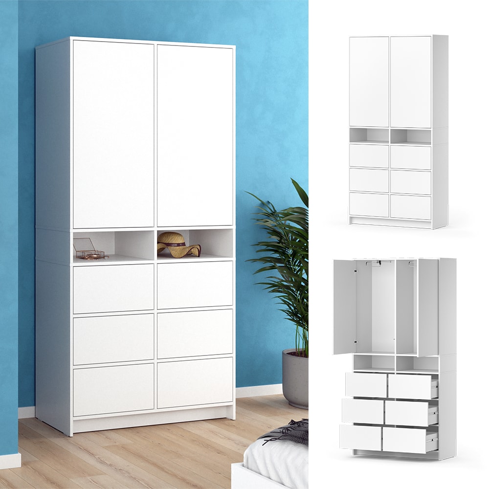 Vicco Kleiderschrank Naara Wei&szlig; 98,6 x 200 cm mit Schubladen 