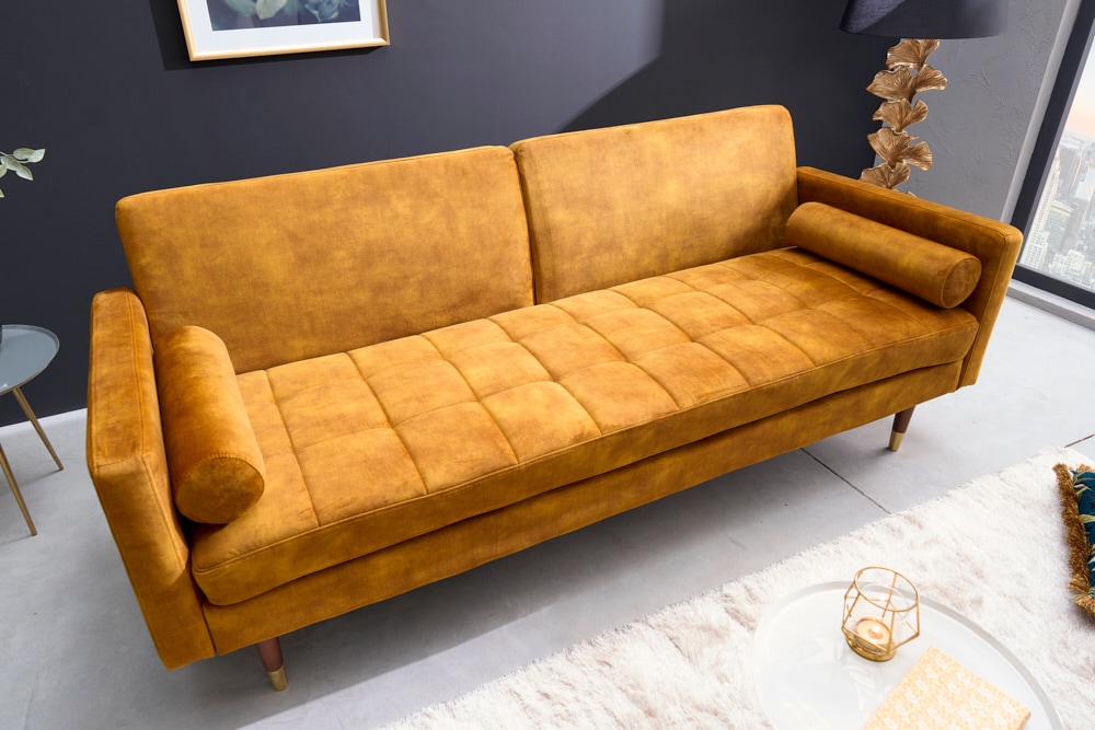riess-ambiente Schlafsofa COUTURE - 196cm senfgelb Microvelours 3-Sitzer Couch Bettfunktion ink. Kissen 