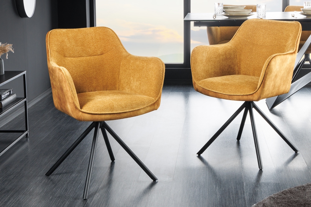 riess-ambiente Stuhl VERONA - senfgelb Samt Strukturstoff mit Armlehne Metallbeine schwarz drehbar 