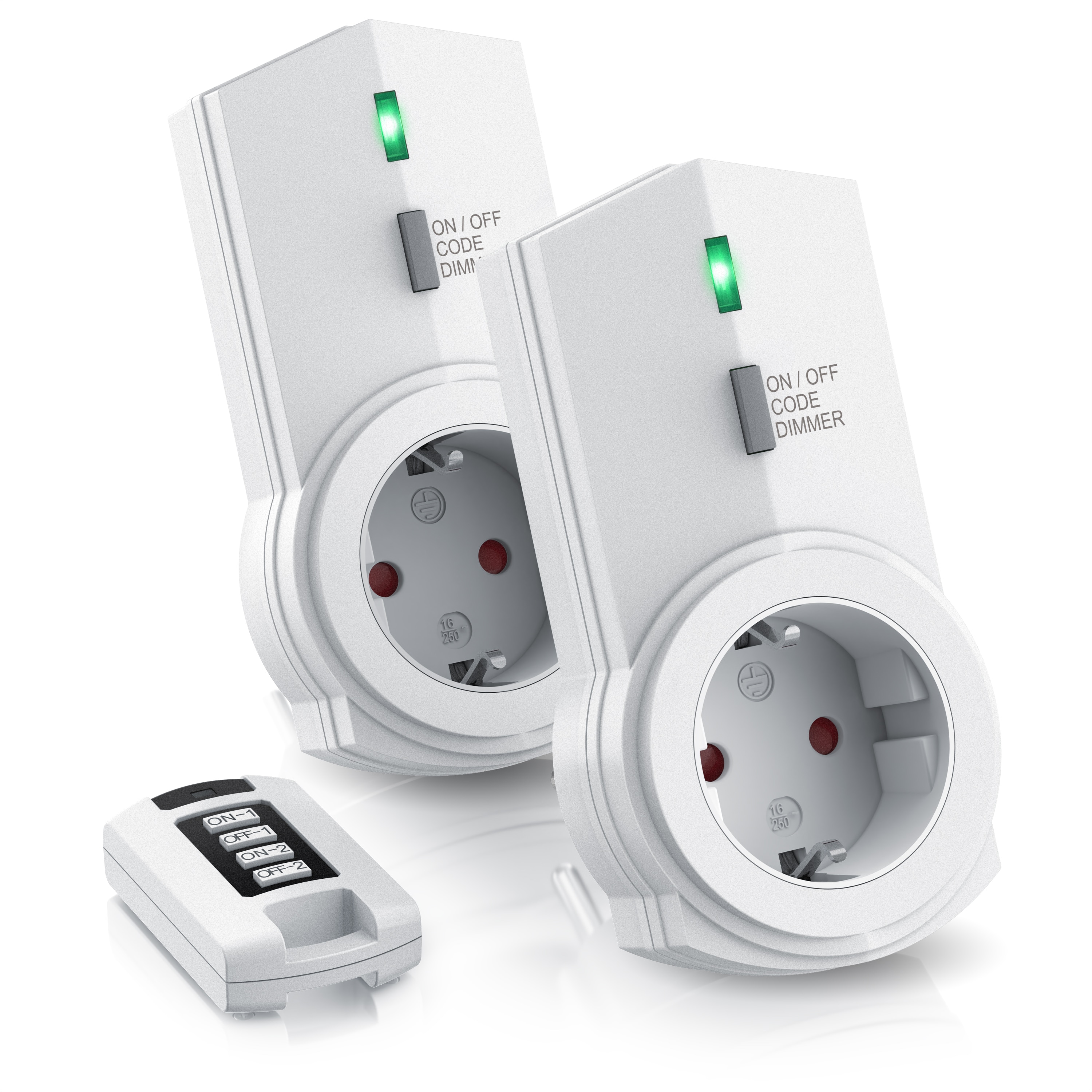 BEARWARE Dimmbare Funksteckdosen - Set mit Fernbedienung - 2er Set f&uuml;r den Innenbereich Indoor + 1 Fernbedienung - LED Statusanzeige 