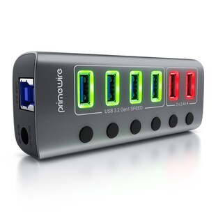 Primewire - USB 3.2 Gen.1 6 Port Hub aktiv schaltbar - mit Netzteil - 4 x USB 3.2 Gen1, 2X USB 3.0 mit smart Charge (Ladeports) - Alugehäuse grau 