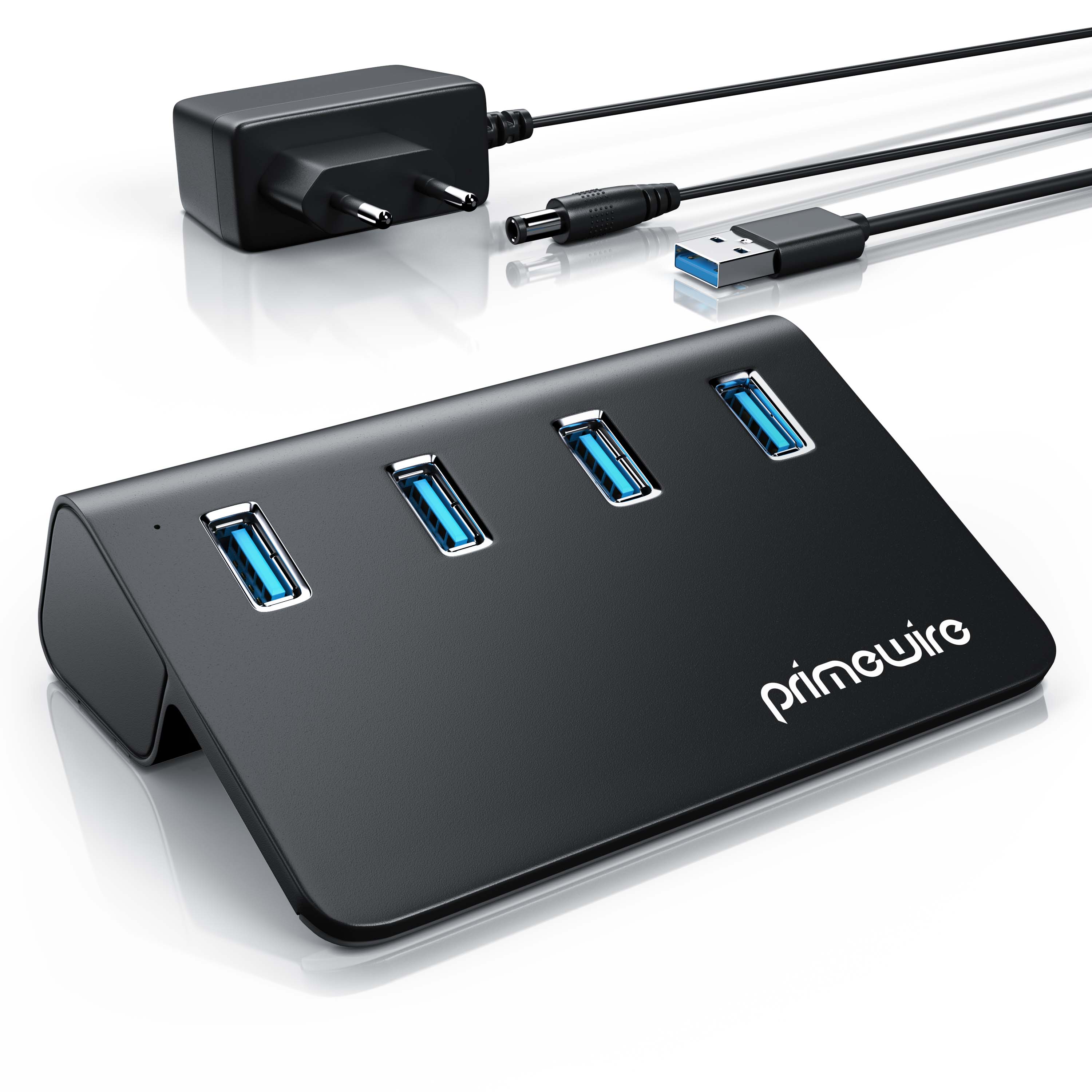 Primewire USB 3.2 Gen2 Hub, 4 Port Aktiver Verteiler mit Netzteil, 10 Gbit/s 