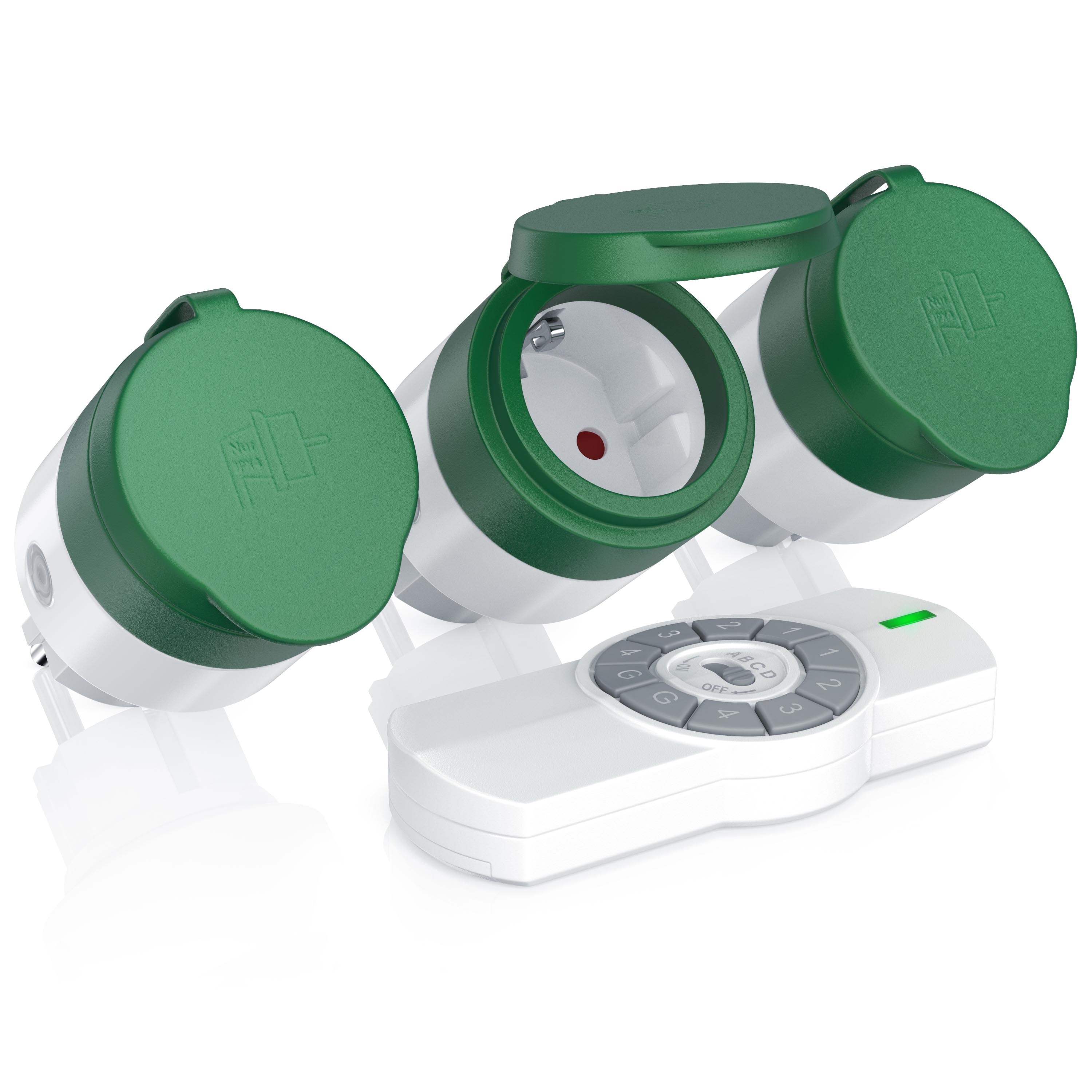 BEARWARE Au&szlig;enbereich Funksteckdosen-Set 3x Outdoor Steckdosen + Fernbedienung / max. 25m 