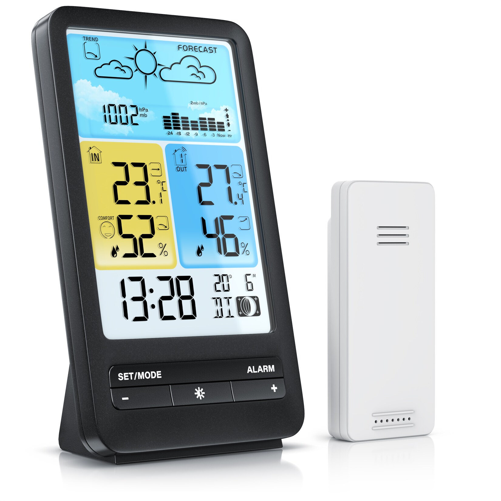 BEARWARE - Wetterstation Funk mit Farbdisplay und Außensensor - DCF Signal - DST - Innen und Außentemperatur - Temperaturwarnung Alarm …