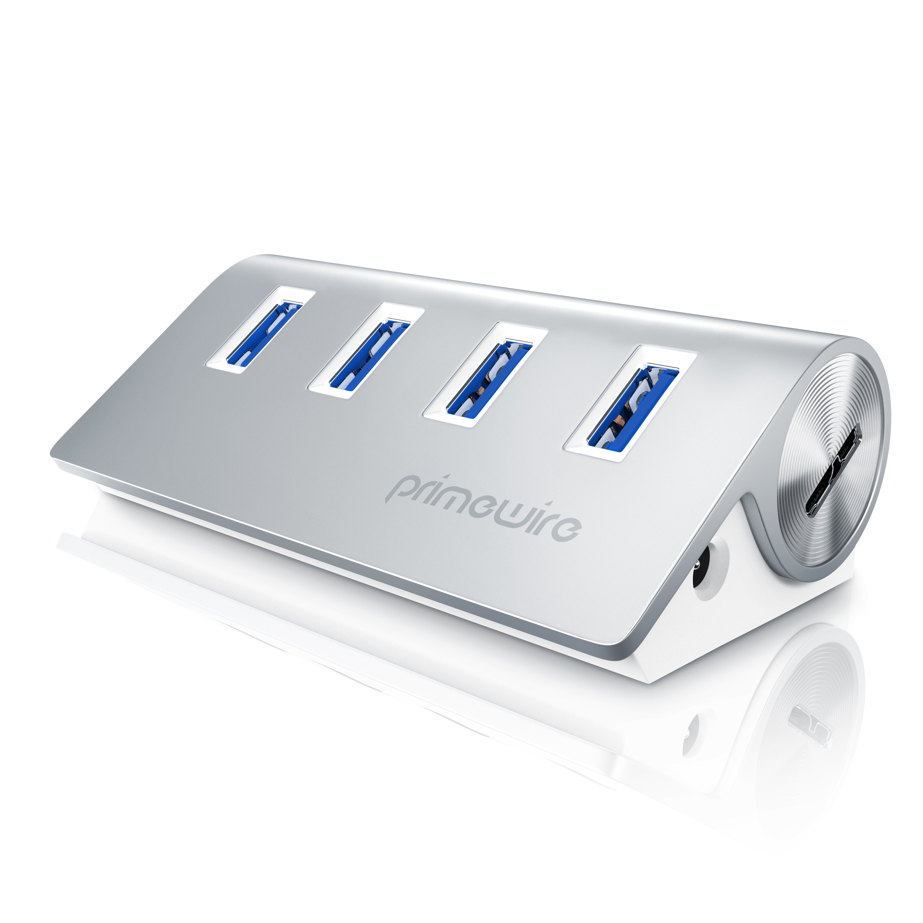 Primewire USB-Adapter 1&times; USB Typ A Stecker zu 4 x USB 3.2 Gen2 Buchse, 4 Port USB 3.2 Gen2 Hub Aktiv Verteiler mit Netzteil, Alugeh&auml;use 
