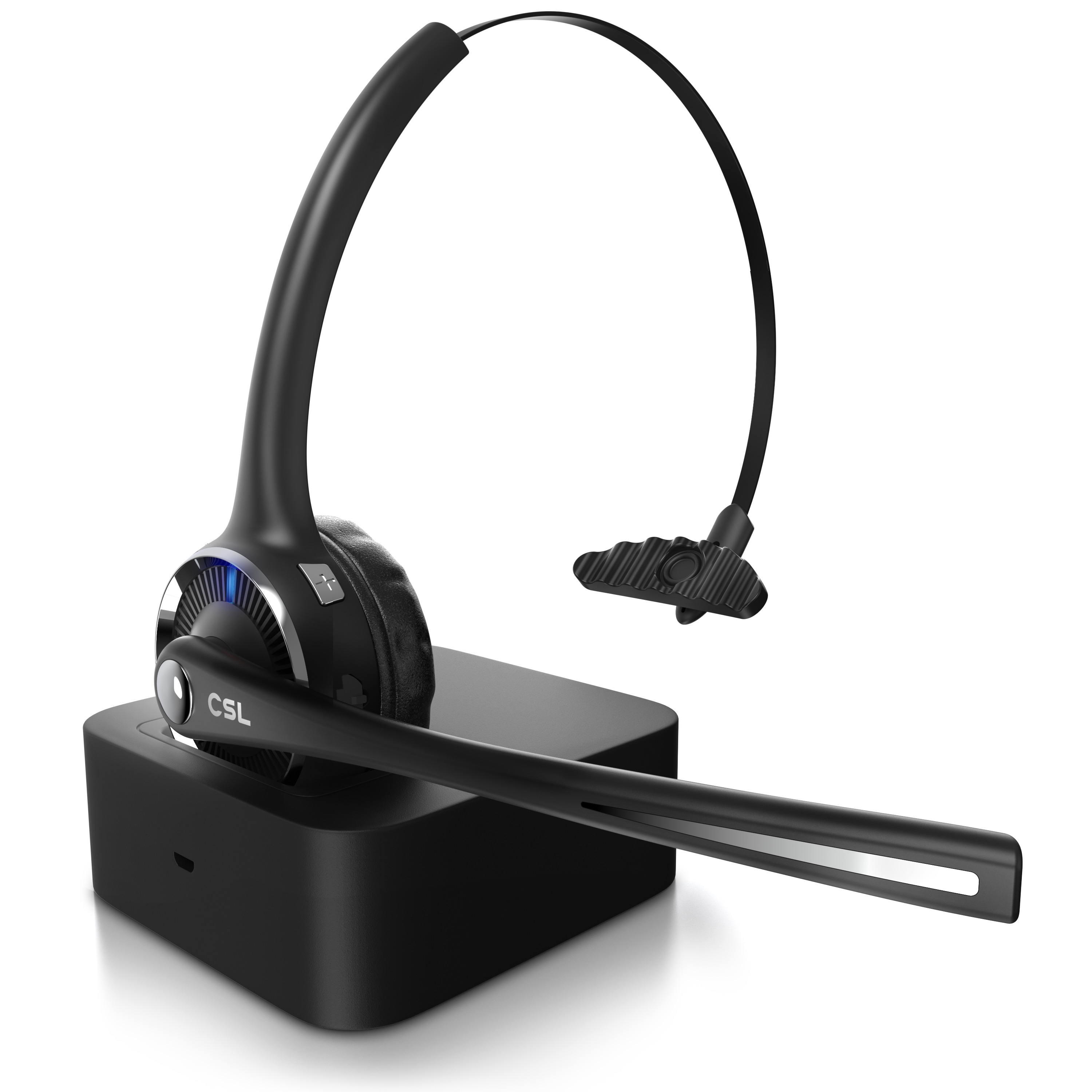 CSL Mono Bluetooth Headset mit Ladestation, Kopfh&ouml;rer mit flexiblem Mikrofon, Multipoint, kabellos, leicht, freisprechen, Chat Callcenter Meeting 