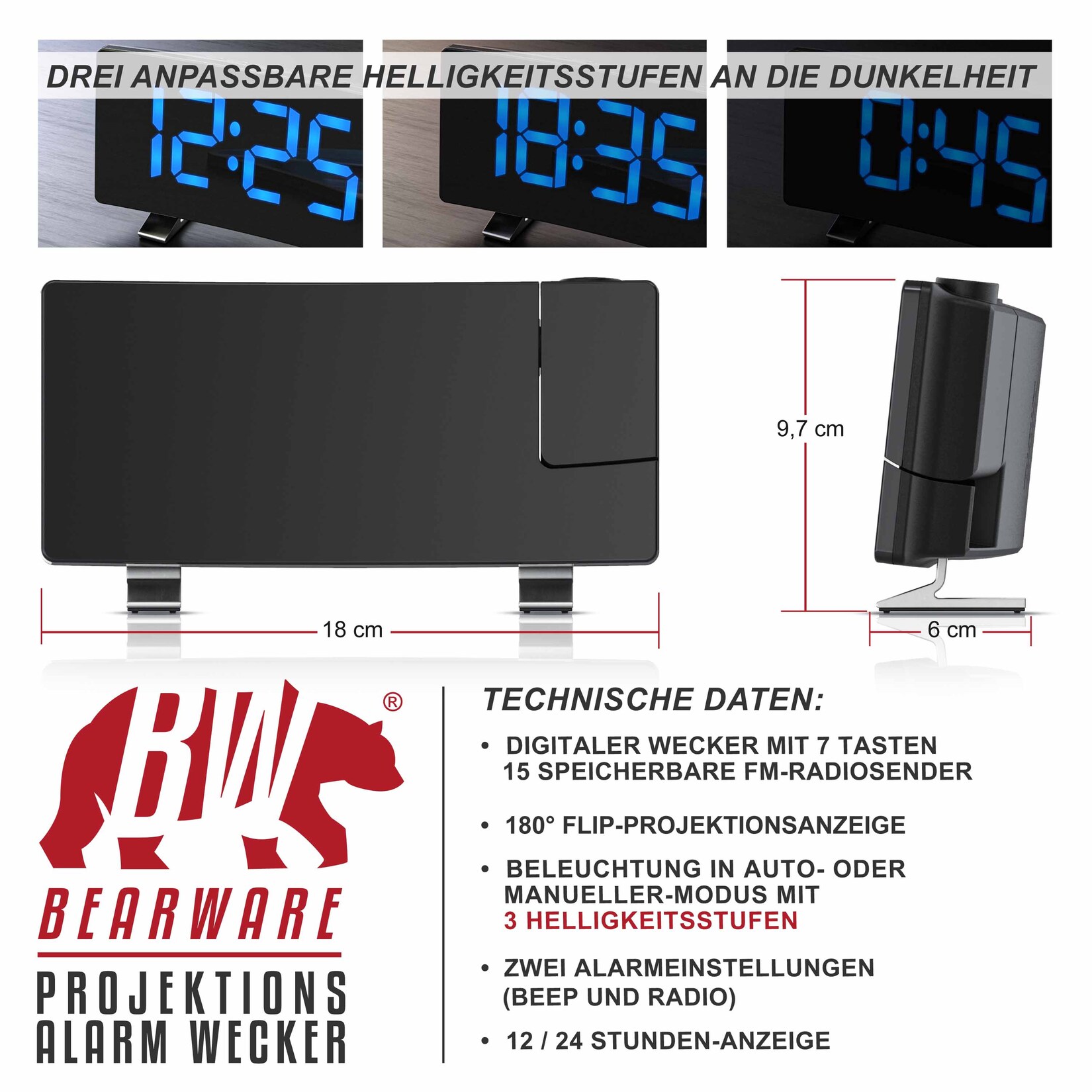 Bearware Projektionswecker Dimmer, 15 FM Radiospeicher, große blaue Ziffern, Snooze 5-60 min. Projektions Radio Wecker digital, 7 Tasten