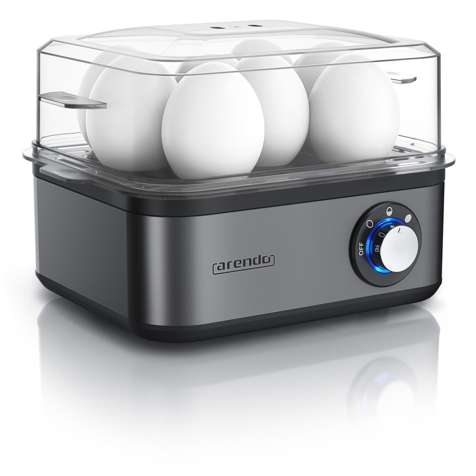 Eierkocher 8-fach, 500 W, Edelstahl, Härtegrad einstellbar, für 8 Eier, grau