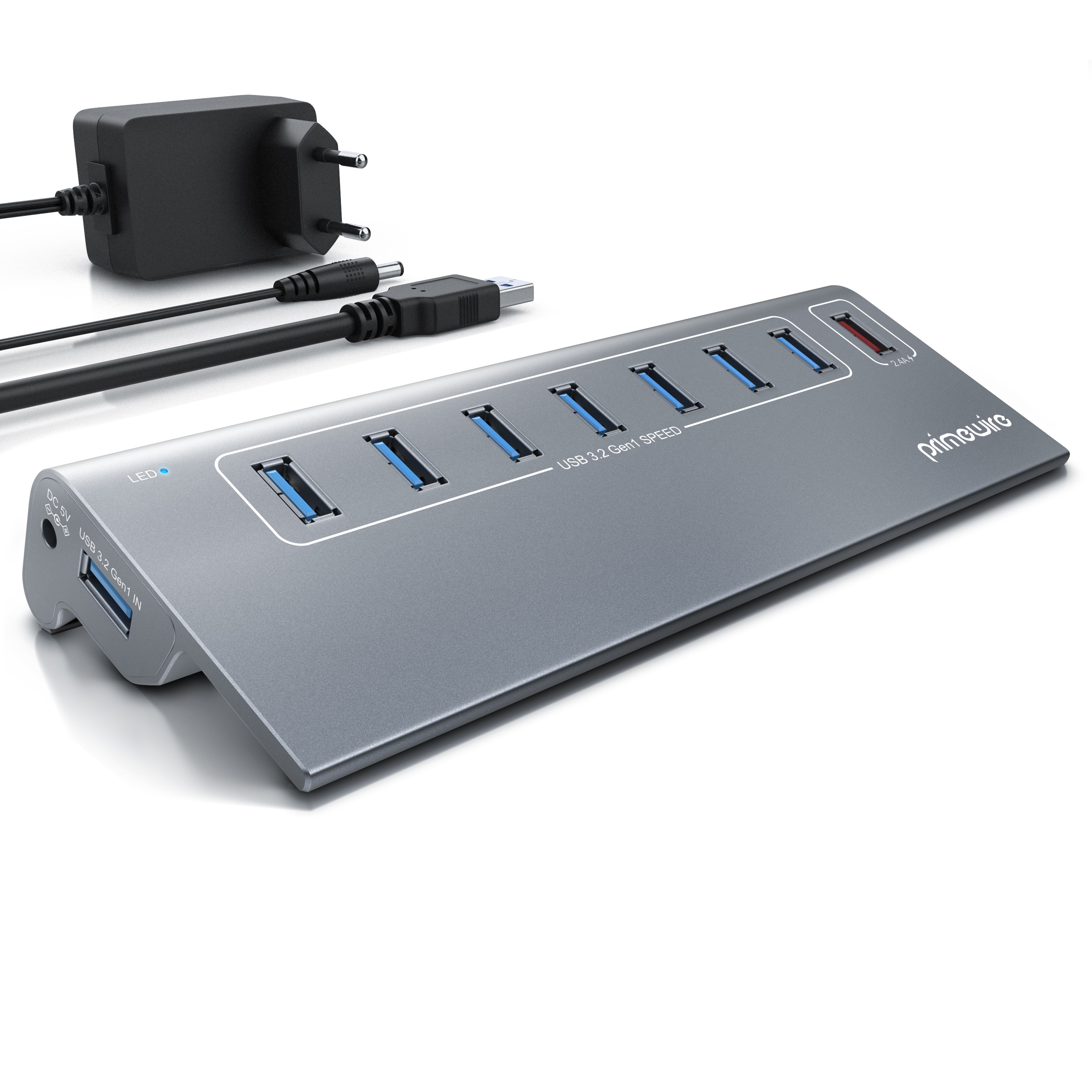 Primewire 8 Port USB 3.2 Gen.1 Port Hub - 8 x USB 3.2 Gen1, Davon 1x USB Ladeport smart Charge - 8 Port Verteiler mit Netzteil - Alugeh&auml;use - f&uuml;r PC 