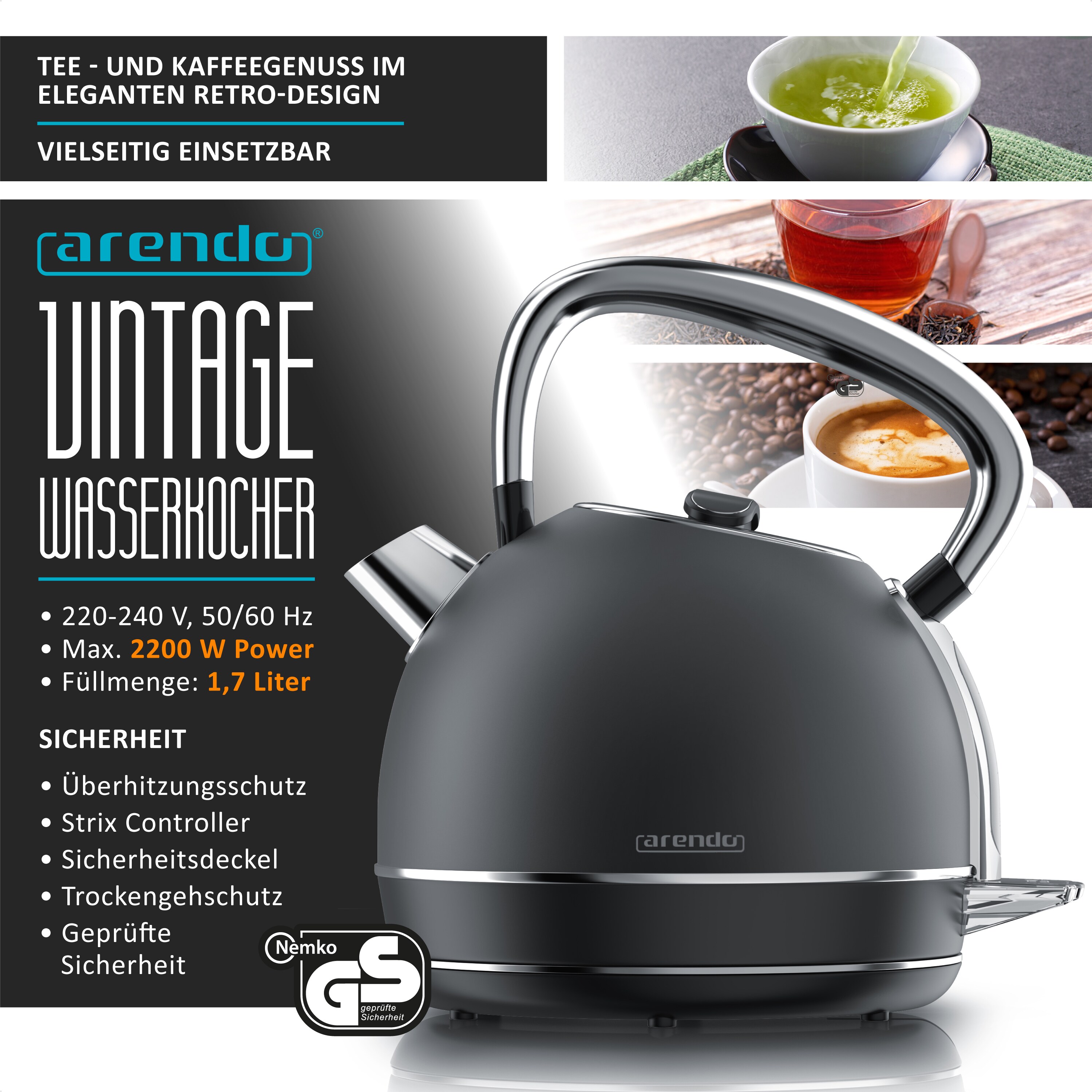 Arendo Wasserkocher mit Temperatureinstellung, 1,7 l, 2200 W, Edelstahl Retro Style Vintage, Überhitzung & Trockenkochschutz, grau bei Marktkauf online bestellen