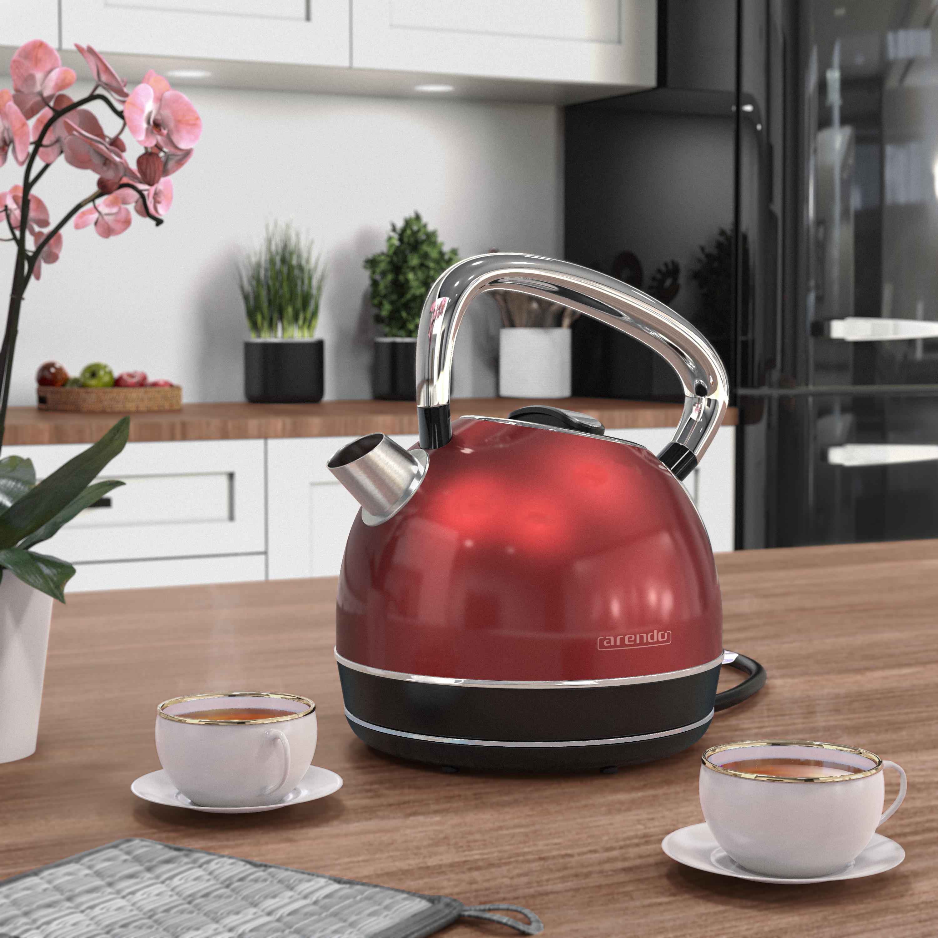 Arendo Retro Wasserkocher Edelstahl, Vintage Style, 1,7 L, 2200 W, austauschbarer Kalkfilter, automatische Abschaltung, Rot