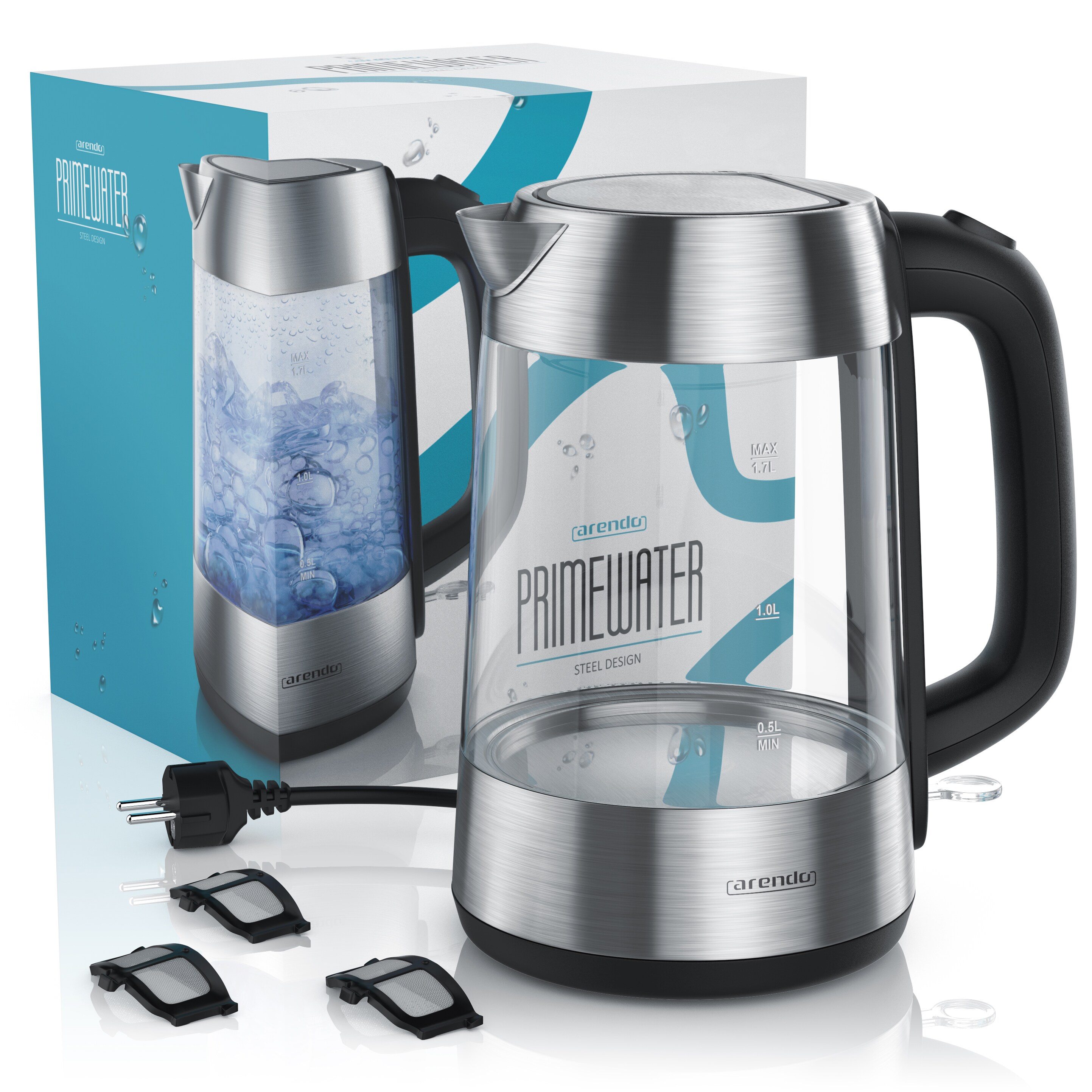 Arendo Wasserkocher Glas Edelstahl, 1,7 Liter, 2200 Watt, mit Überhitzungsschutz & Trockengehschutz, Silber bei Marktkauf online bestellen