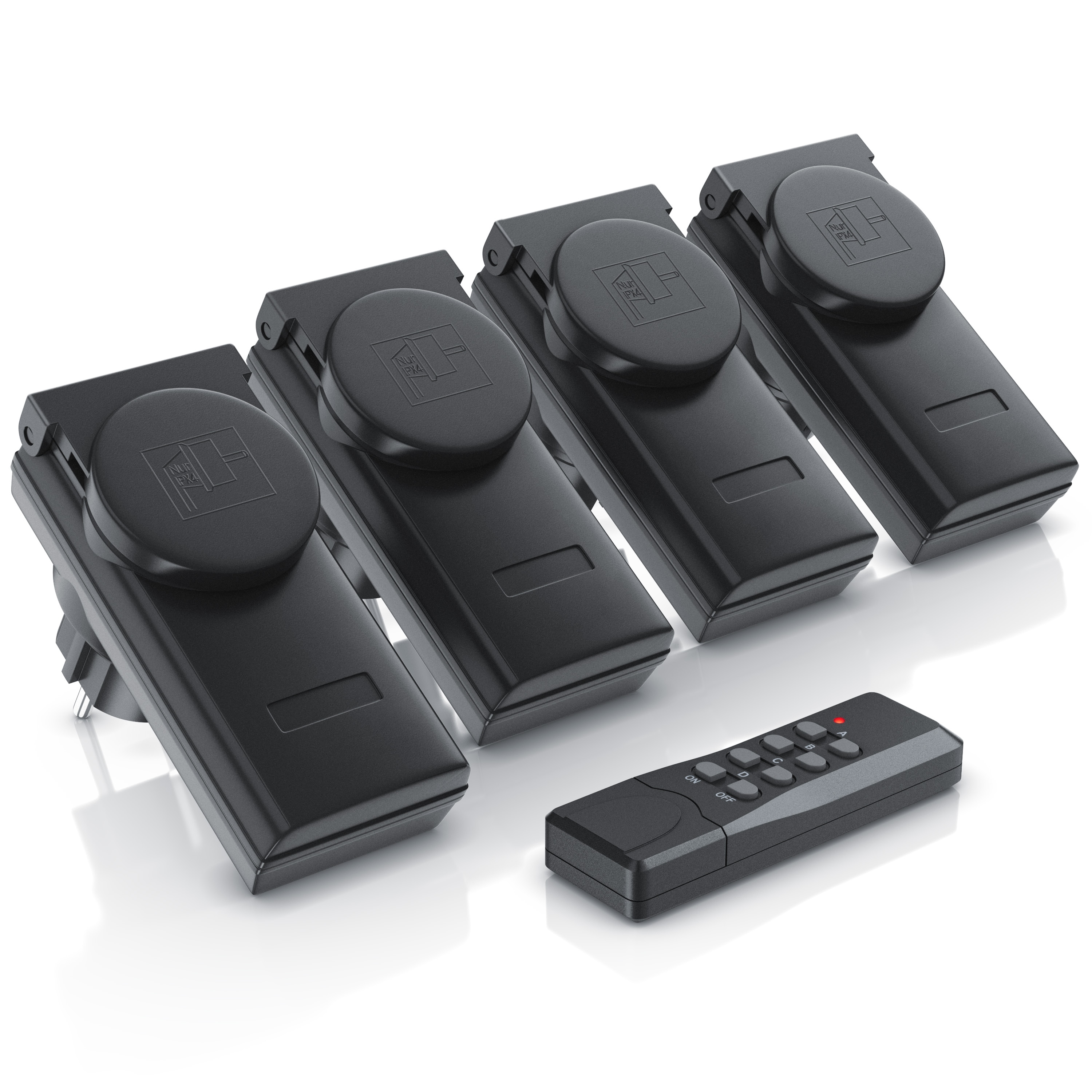 Arendo Outdoor Funksteckdosen-Set f&uuml;r den Au&szlig;enbereich - 4x Funkschalter / 1x Fernbedienung / IP44 