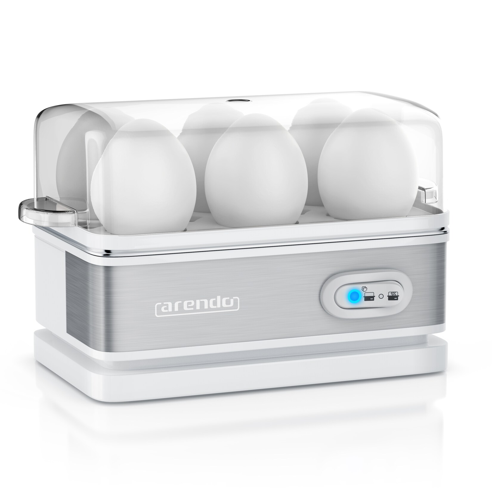Eierkocher 6-fach, 400 W, Edelstahl, Warmhaltefunktion, Härtegrad einstellbar, für 6 Eier, weiß