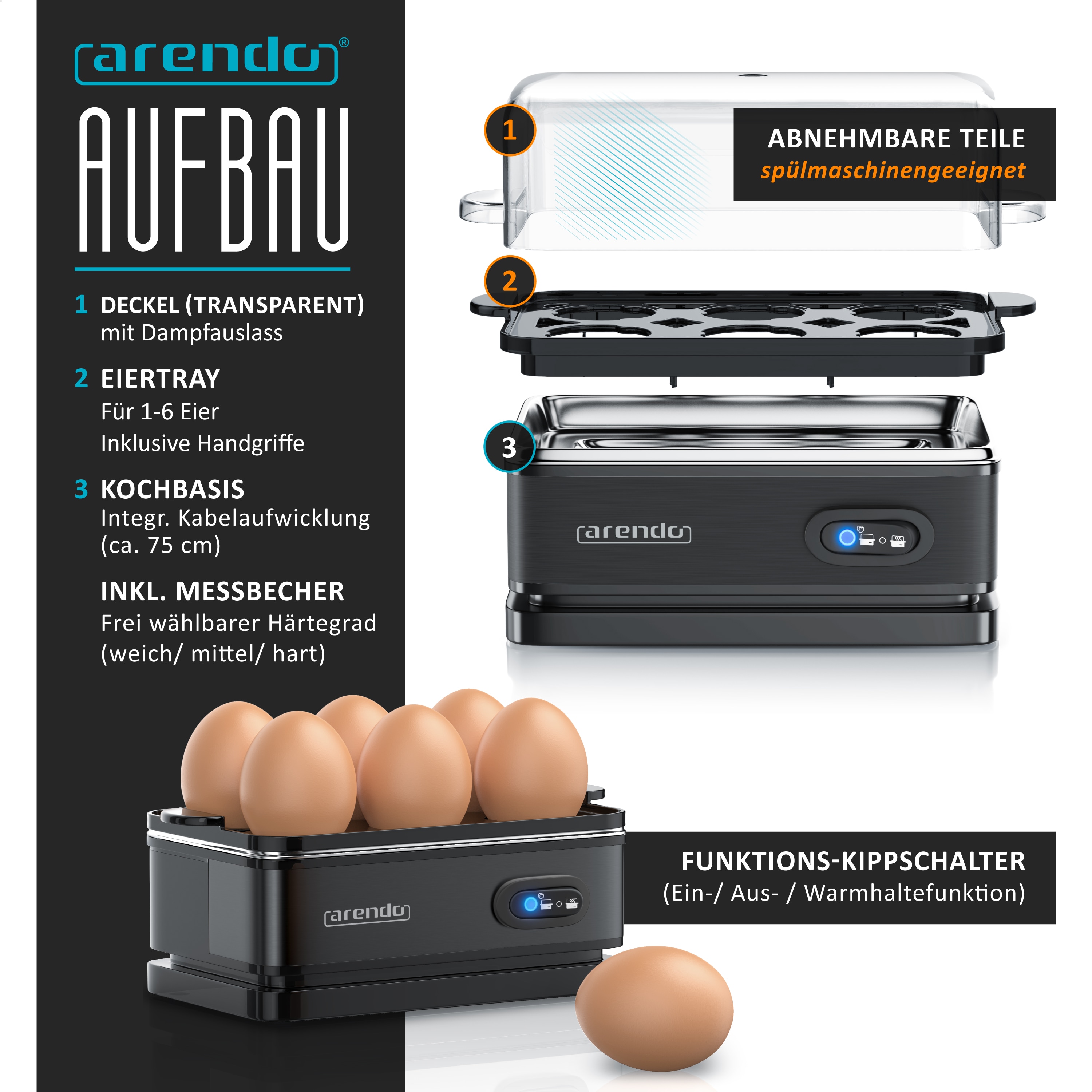 Arendo - Cuociuova Da 1 A 7 Uova – 3 Gradi Di Durezza A Scelta