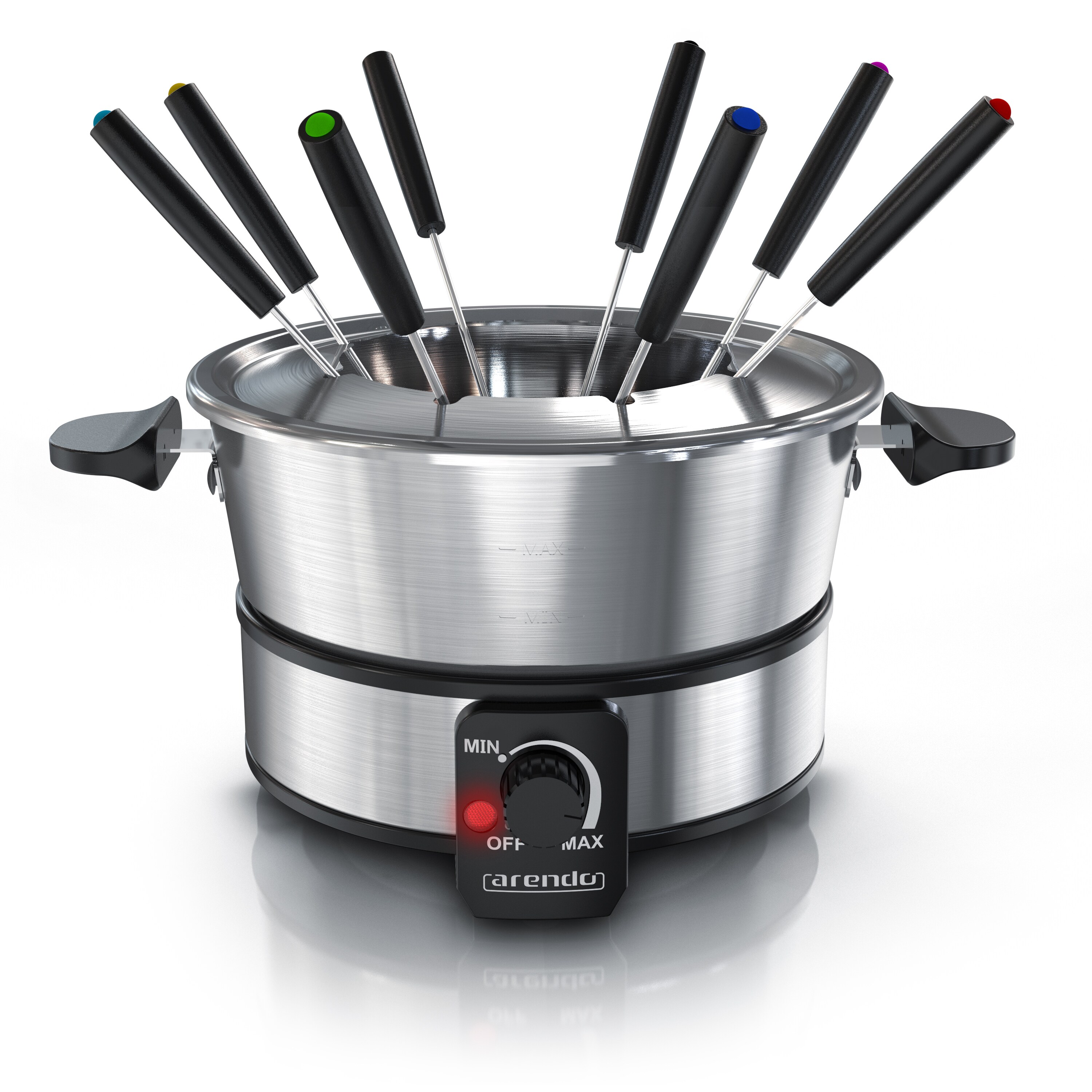 Arendo Fondueset Edelstahl f&uuml;r 8 Personen - Fondue elektrisch - 1000 W Heizplatte - Set mit 8 Gabeln - bis zu 2 Liter Fassungsverm&ouml;gen 