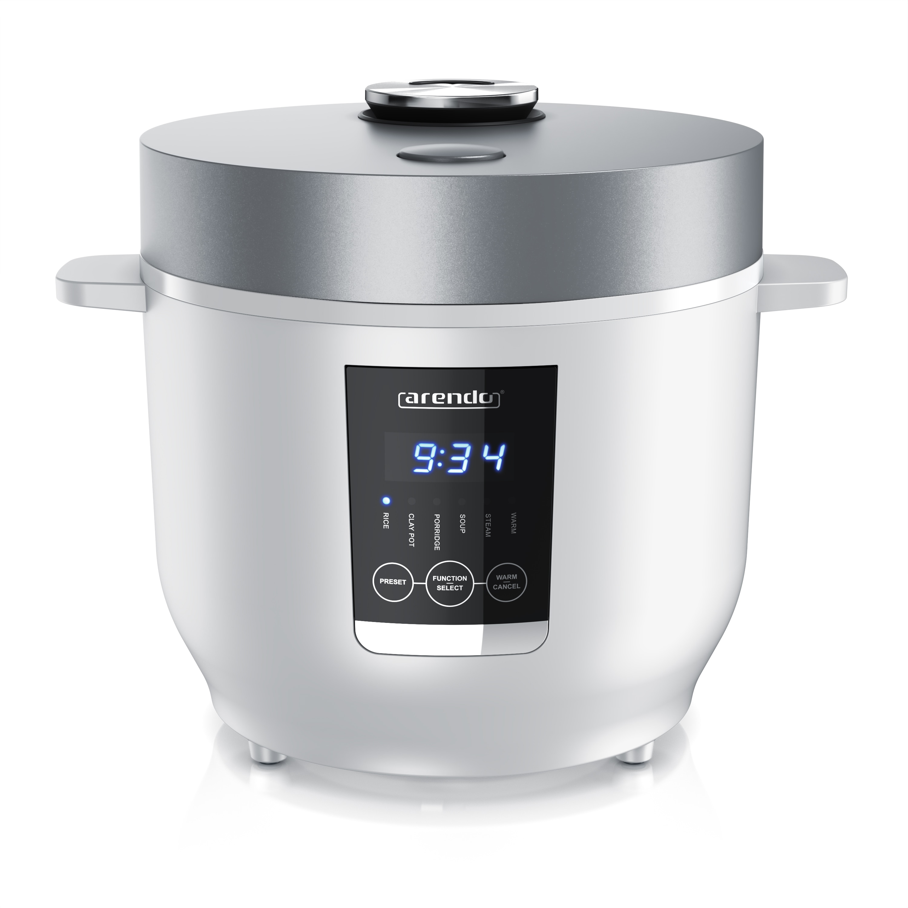 Arendo Digitaler Reiskocher mit 5 Programmen, 350W, 2 Liter, Timer- und Warmhaltefunktion, BPA-frei, inkl. Messbecher & Reisl&ouml;ffel, Wei&szlig;/Silber 