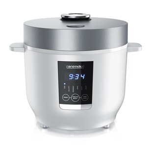 Arendo Digitaler Reiskocher mit 5 Programmen, 350W, 2 Liter, Timer- und Warmhaltefunktion, BPA-frei, inkl. Messbecher & Reislöffel, Weiß/Silber 