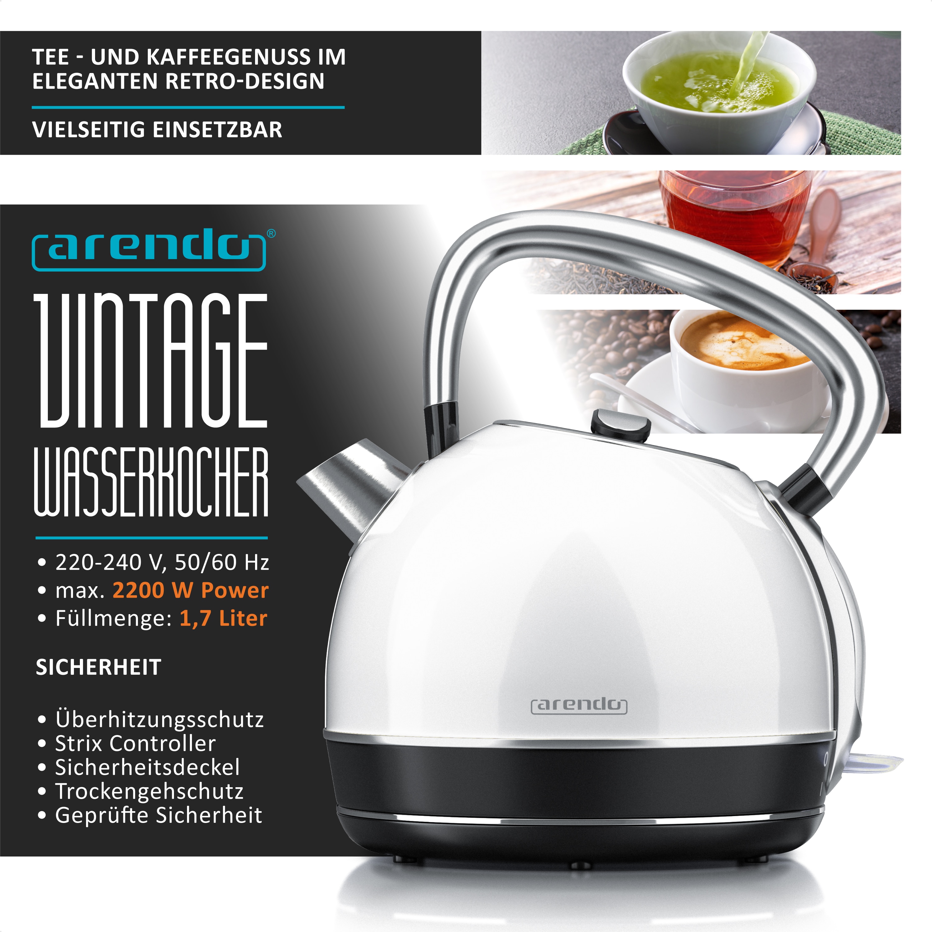 Arendo Wasserkocher 1,7 l, 2200 W, Edelstahl, Retro Style, Vintage, Überhitzungs & Trockenkochschutz, weiß