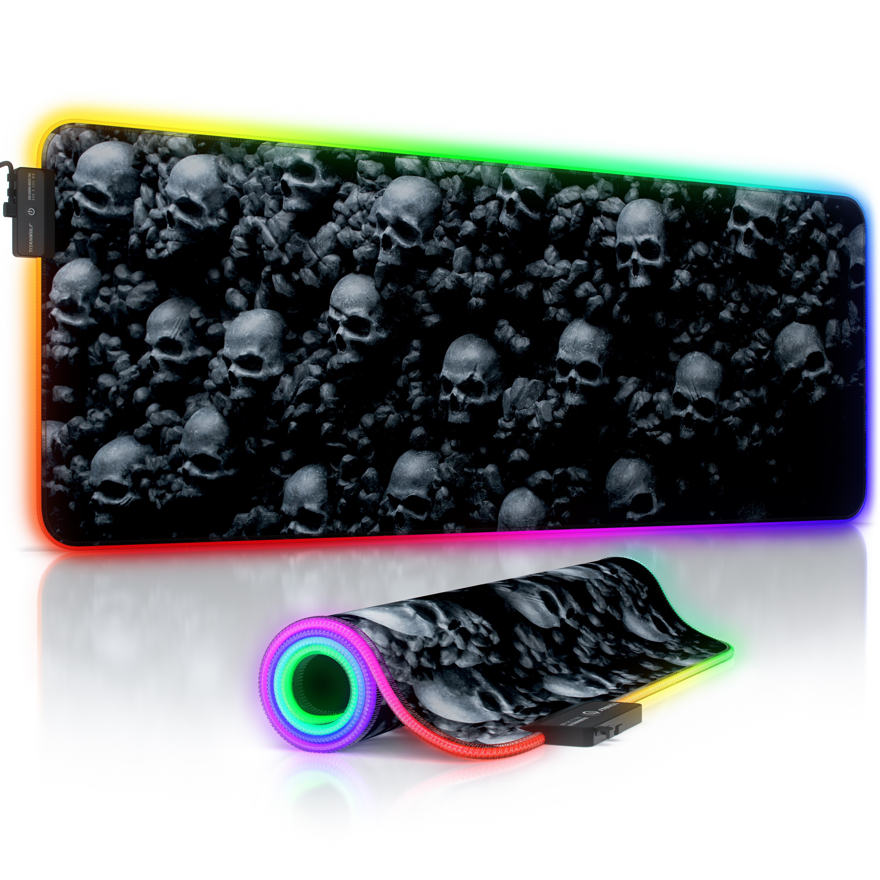 Titanwolf RGB Gaming Mauspad, Mousepad XL 800 x 300mm verbessert Pr&auml;zision & Geschwindigkeit, Skulls 